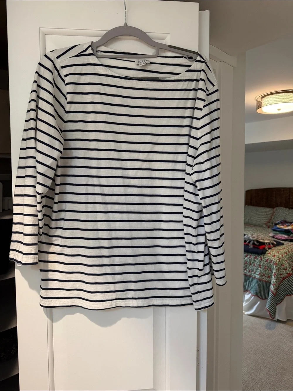 J. Crew White and Navy Striped Boatneck 3/4 sleeve Long Sleeve Top